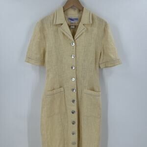 Vintage Jessica Howard Dress Womens Size M 100% Linen Maxi Button Front Yellow